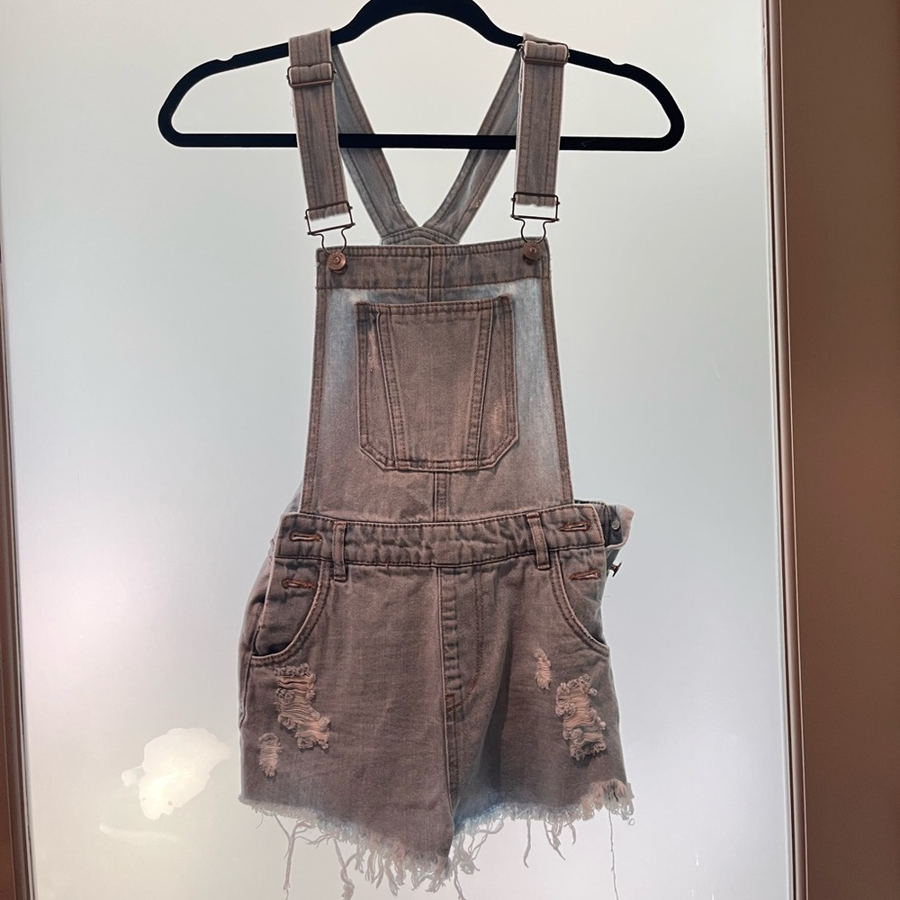 Light distressed denim overalls